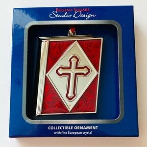 NEW Red Silver Cross Collectible Christmas Ornament with European Crystal